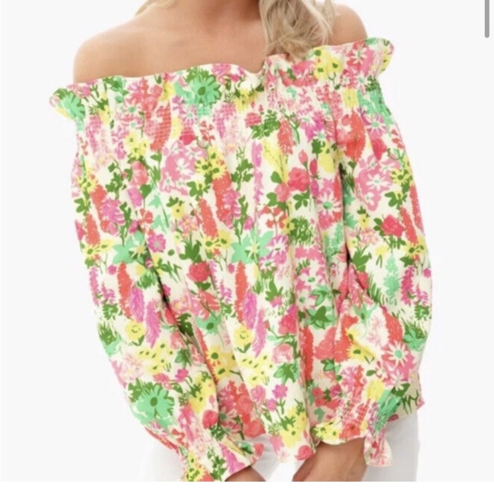 Tuckernuck Marguerite off shoulder blouse in spring floral S - Picture 2 of 13